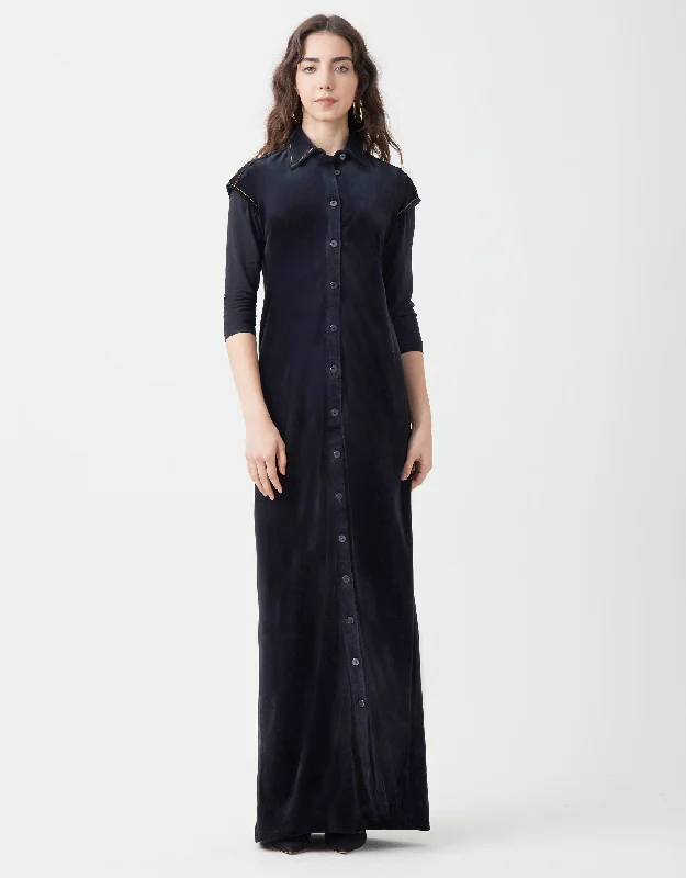 Velour Button Down Sleeveless Maxi Dress Shabbos Robe with Contrast Stitching Black/Gold