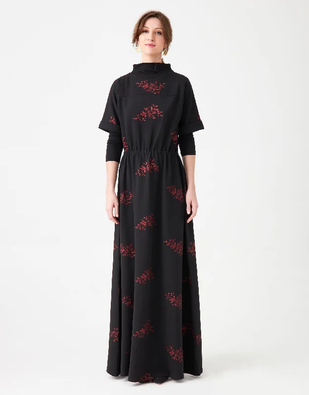 Embroidered Jersey Funnel Neck Maxi Dress Shabbos Robe Coral