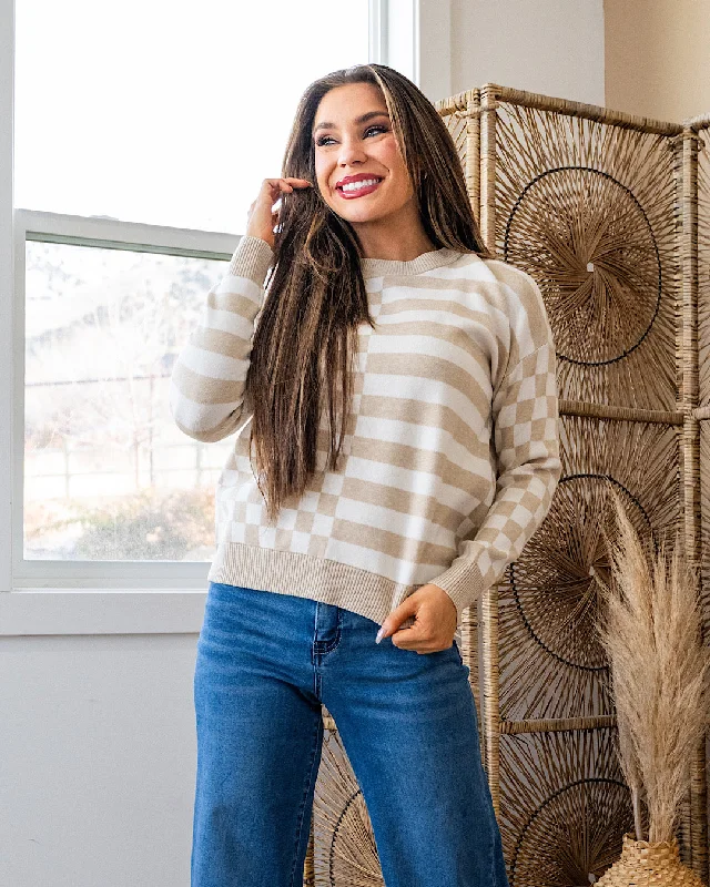 NEW! Ashley Checkered and Striped Sweater - TaupeArtist Knit Tops