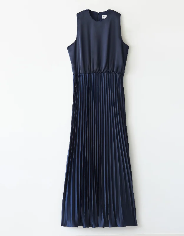 Satin Sleeveless Lined Maxi Dress Shabbos Robe with Accordian Pleats Navy