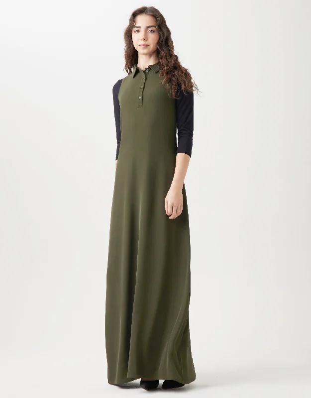 Lined Crepe Sleeveless Maxi Shirt Dress Shabbos Robe Olive