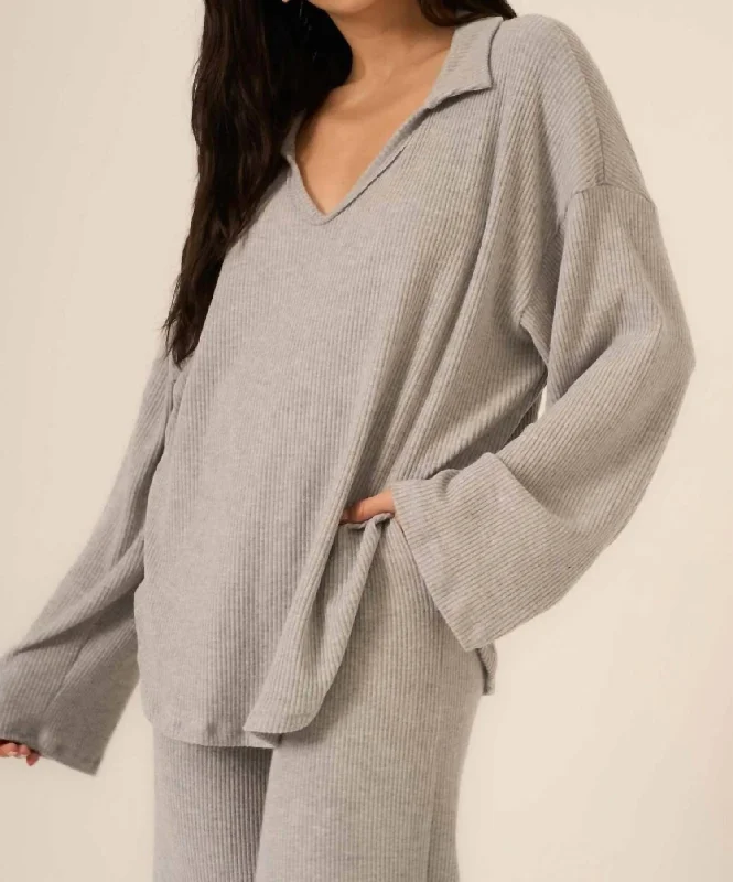 Zooey Rib Collared Long Sleeve In GreyScoop Neck Knit Tops