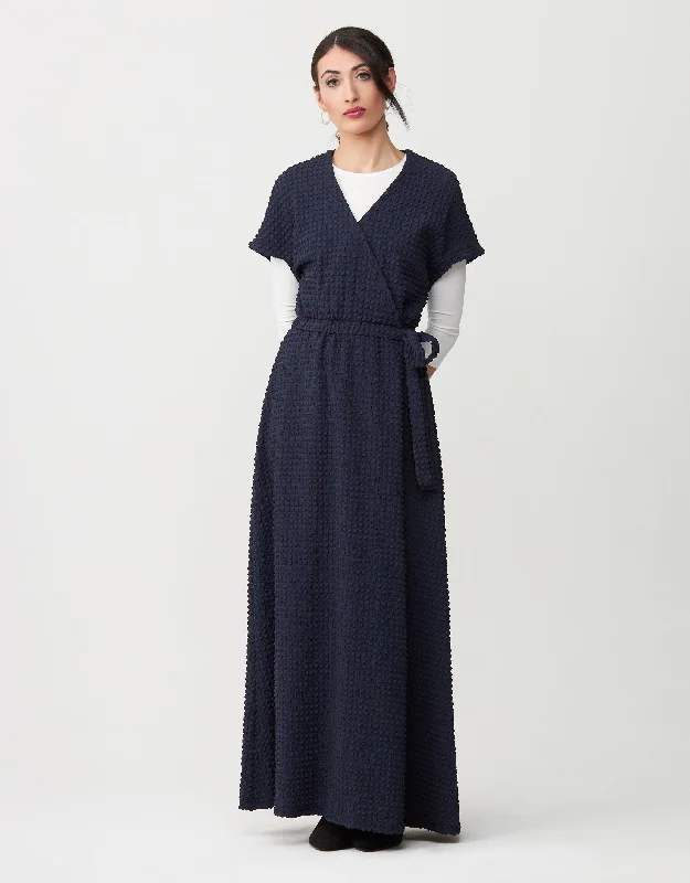 Satin Seersucker Lined Mock Wrap Maxi Dress Shabbos Robe with Self Tie Navy