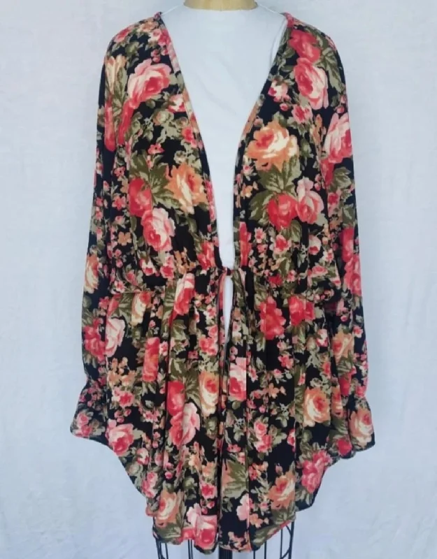 Shawl collar cardiganPSFU Black Floral Layering Piece Cardigan Tie Middle