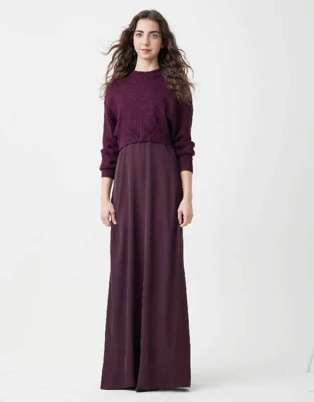 Lined Crepe Sleeveless Maxi Crew Dress Shabbos Robe With Shaker Sweater Plum