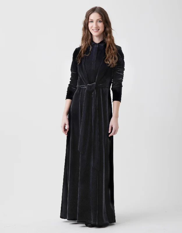 Tie Front Velvet Maxi Dress Shabbos Robe with Collar and Hidden Buttons Black