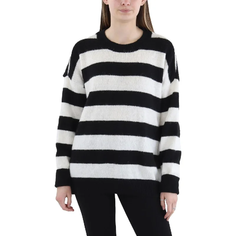 Petites Womens Ribbed Trim Fuzzy Crewneck SweaterSpring Knit Tops