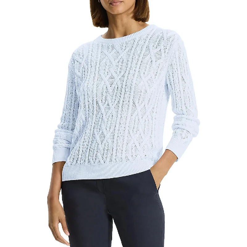 Womens Linen Cable Knit Crewneck SweaterCable Knit Tops