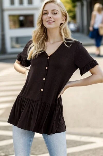 Band Merch Short Sleeve TopsBlack Ruffled V-Neck Short Sleeve Blouse