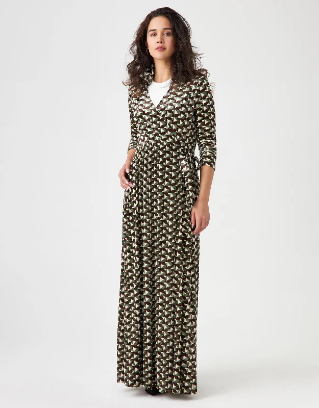 Crushed Velvet Mock Wrap Maxi Dress Shabbos Robe with Collar and Tie Brown Multi