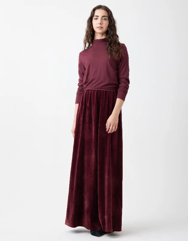 Velour Maxi Dress Shabbos Robe with Attached Jersey Overlay Bungee Top Wine