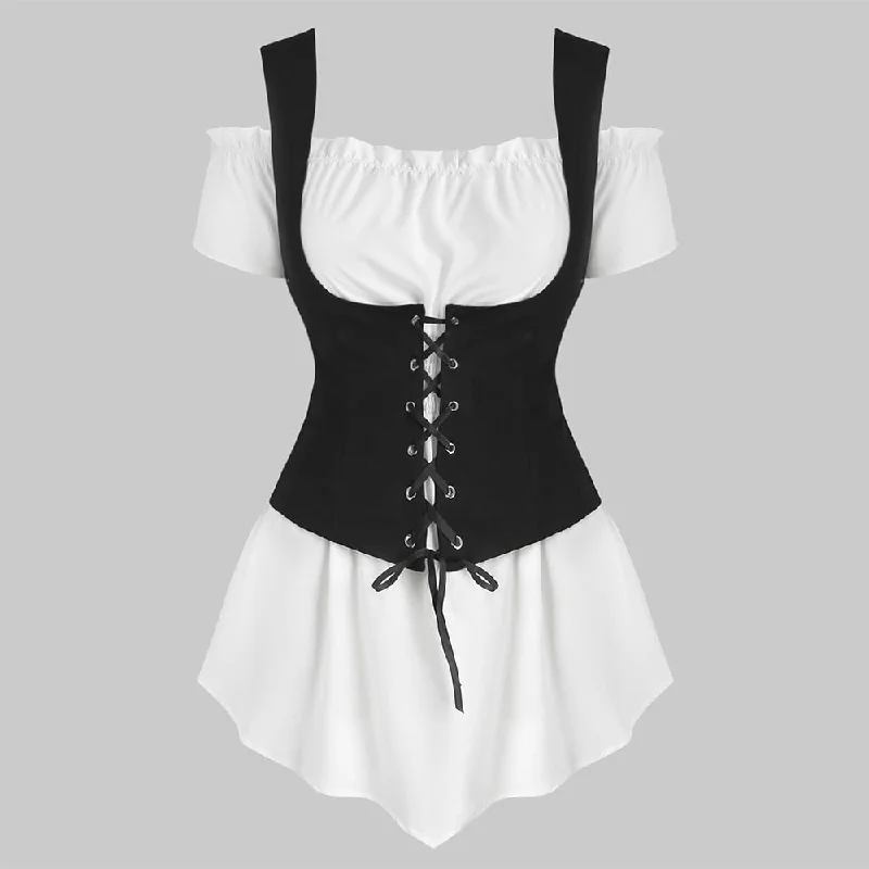 Casual Short Sleeve TopsPlus Size Off Shoulder Blouse And Lace-Up Waistcoat Short Sleeve Vintage Tops Gothic High Waist Women Summer Shirts 2019