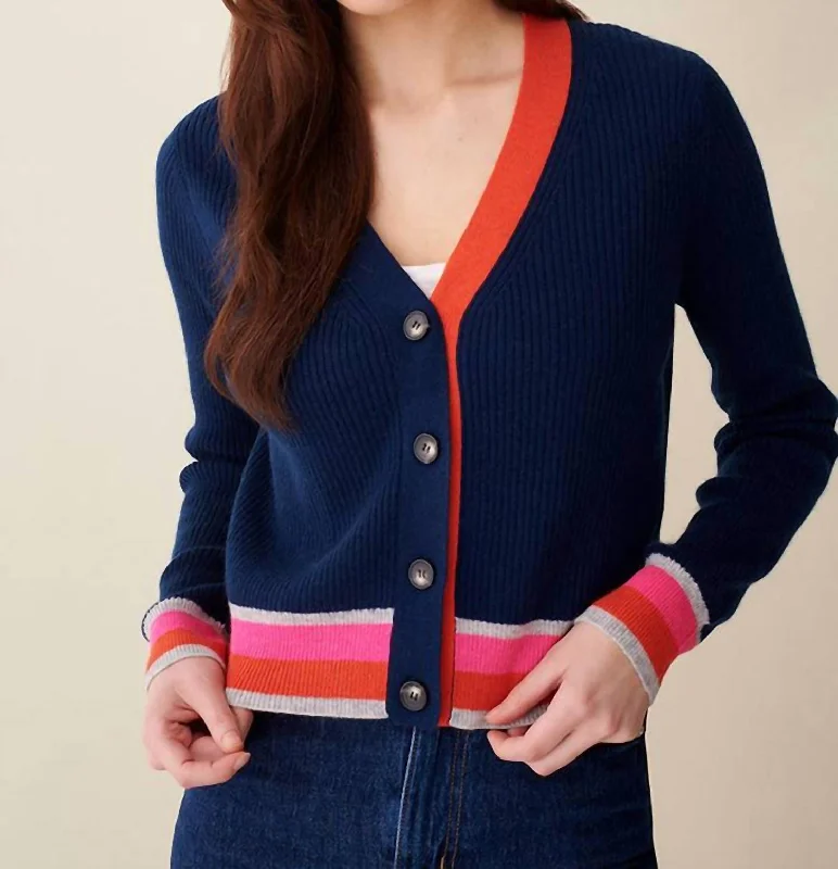 V-neck cardiganStella Rib V Cardigan In Navy Multi