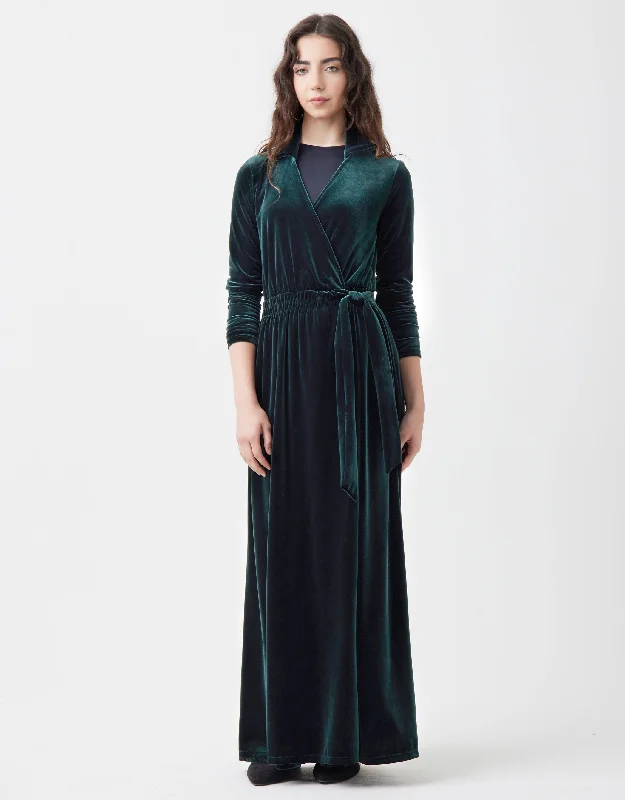 Faux Wrap Velvet Maxi Dress Shabbos Robe with Side Tie Forest