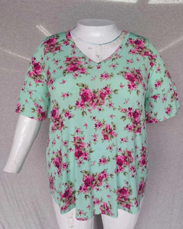 Fleece Short Sleeve TopsPSFU Mint Floral Shirt Top Short Sleeves