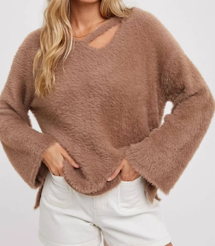 Strappy Front Fuzzy Sweater In MochaCamping Knit Tops