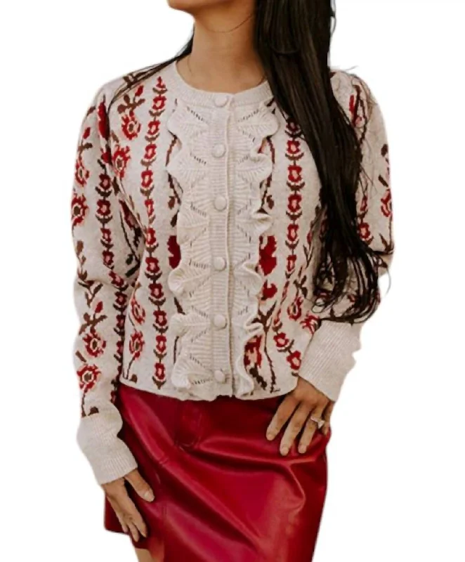 Bright cardiganRosie Ruffles Cardigan In Wine/brown