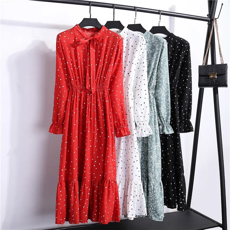 2019 Autumn Women Dress For Ladies Long Sleeve Polka Dot Vintage Chiffon Shirt Dress Casual Black Red Floral Winter Midi Dress