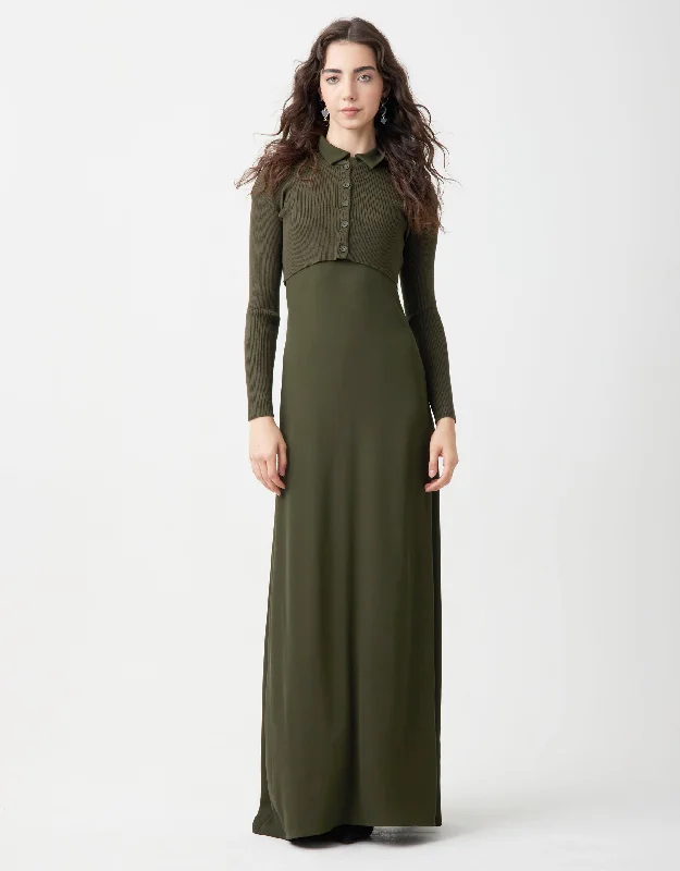 Lined Crepe Sleeveless Maxi Shirt Dress Shabbos Robe With Ribbed Cardi Olive