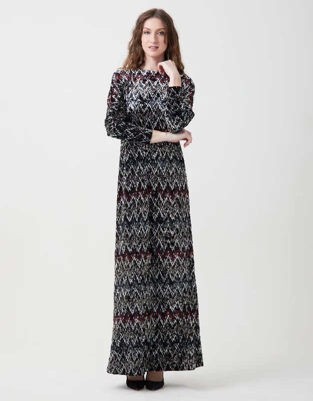 Print Velvet Dolman Maxi Dress Shabbos Robe Burgundy Multi