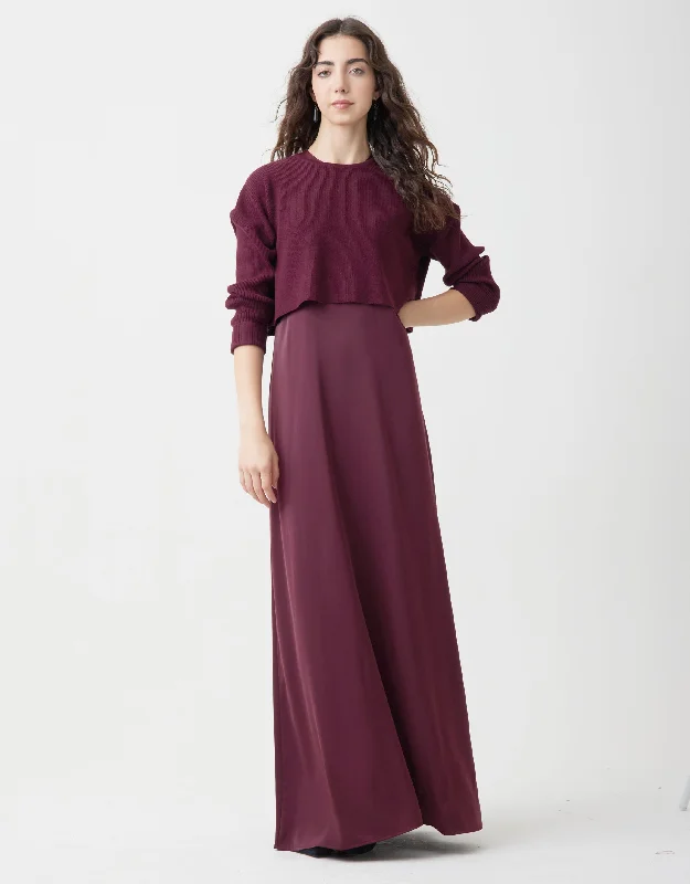 Lined Satin Sleeveless Maxi Crew Dress Shabbos Robe With Crop Top Wine