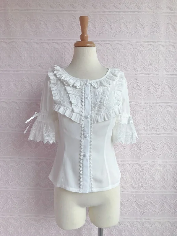 Waterproof Short Sleeve TopsRuffled Lace Collar Short Sleeve Blouse