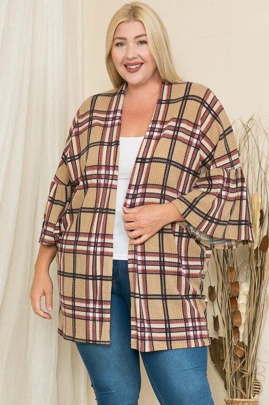 Cable-knit cardiganBeige Ruffle Sleeve Plaid Cardigan