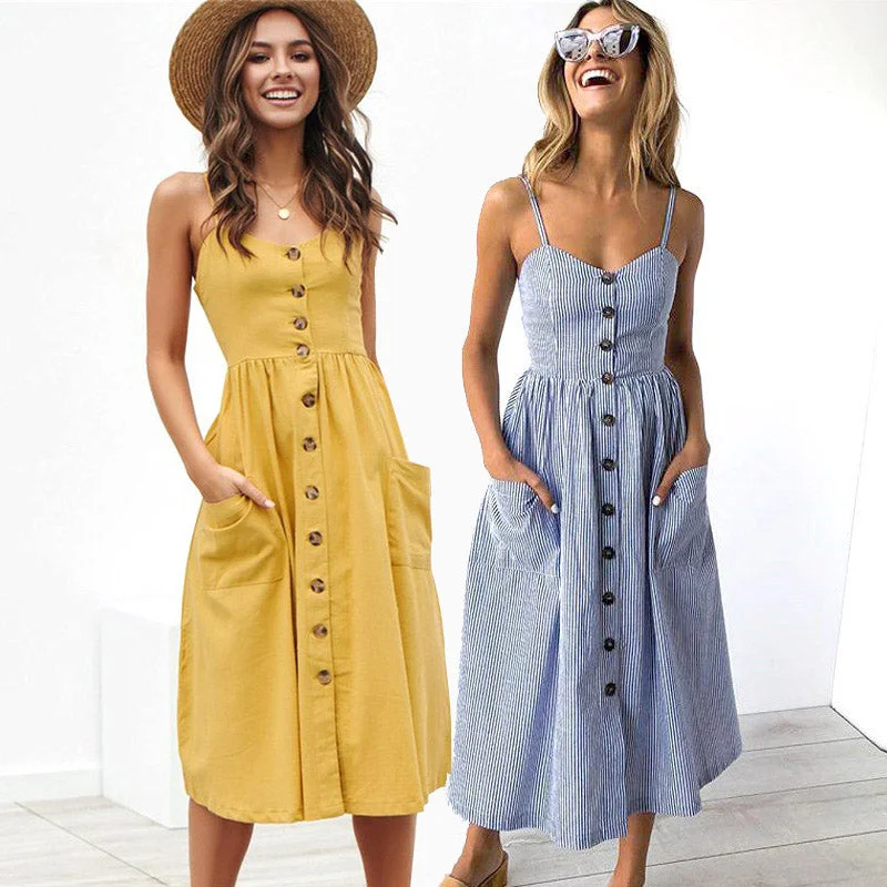 Sexy Party Boho Sundress Women Summer Dress 2019 Casual Backless Midi Dress Button Polka Dot Striped Floral Beach Dress Female