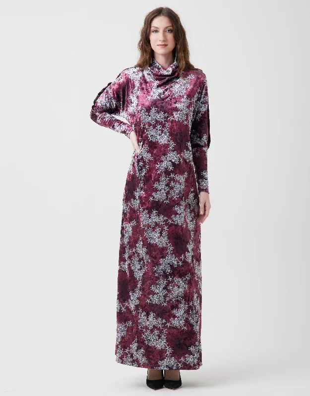 Print Crushed Velvet Funnel Neck Maxi Dress Shabbos Robe Wine