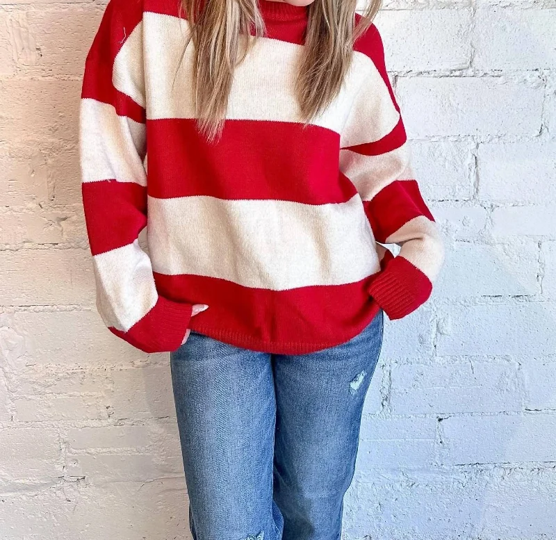 Lover Girl Sweater Top In Red/creamBoat Neck Knit Tops