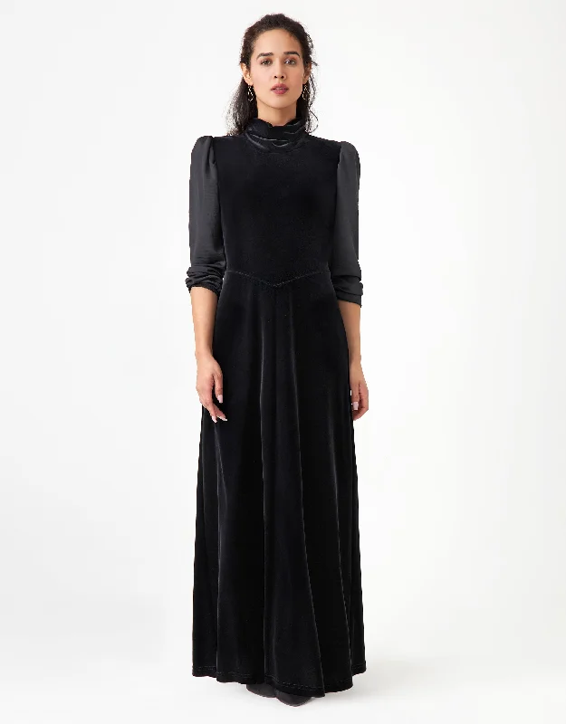 Velvet Back Zip Maxi Dress Shabbos Robe with Ruched Tneck and Contrast Sleeves