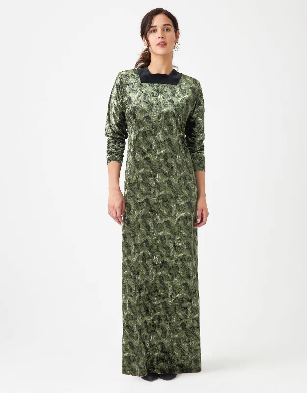 Crushed Velvet Square Neck Maxi Dress Shabbos Robe With Back Zipper Green Print