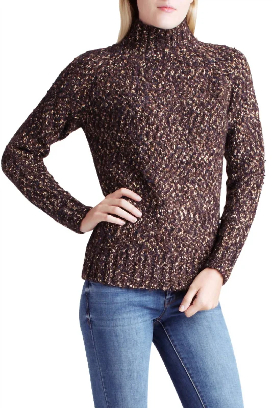 Twisted Slub Boucle Long Sleeve Mock Neck Sweater In Black ComboSilk Knit Tops