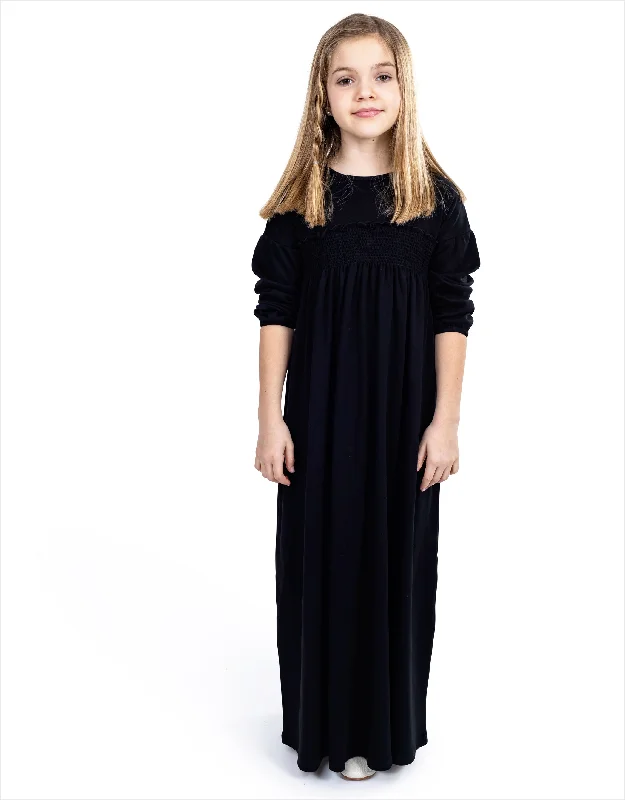 Girls Maxi Shirt Dress Shabbos Robe With Mini Ruffle and Smocking Black