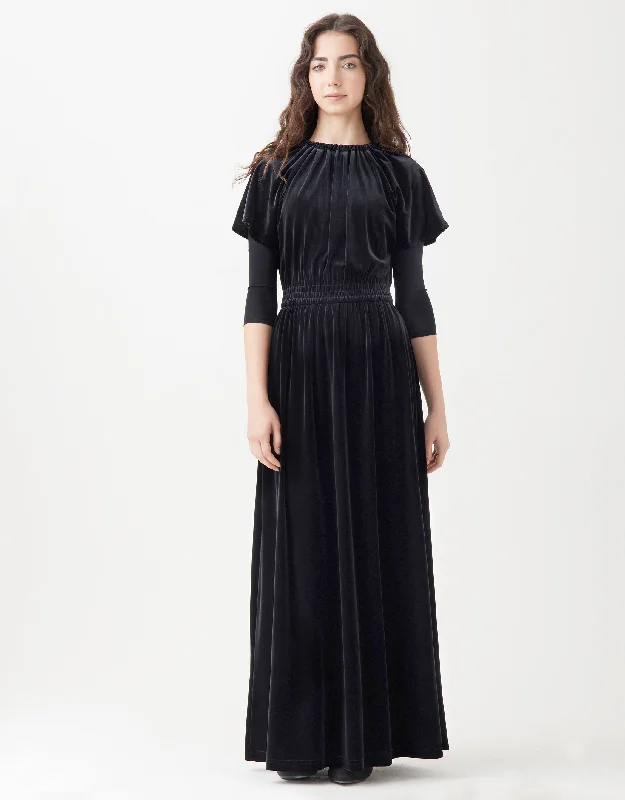 Velvet Maxi Dress Shabbos Robe with Ribbon Back Tie Black