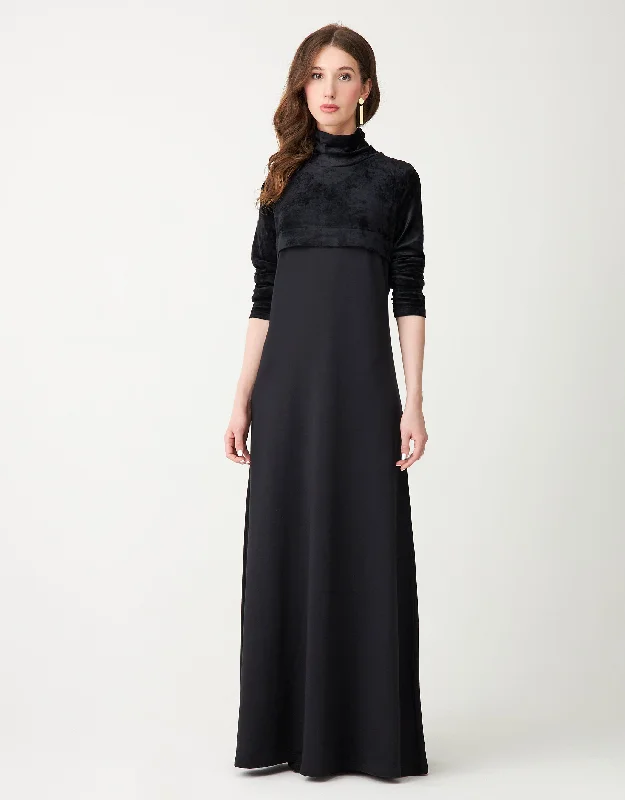 Jersey Crushed Velour Combo Turtle Neck Maxi Dress Shabbos Robe