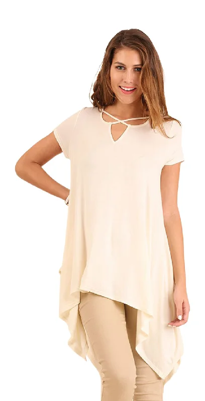 Sheer Short Sleeve TopsHandkerchief Hem Short Sleeve Tunic Top, Cream