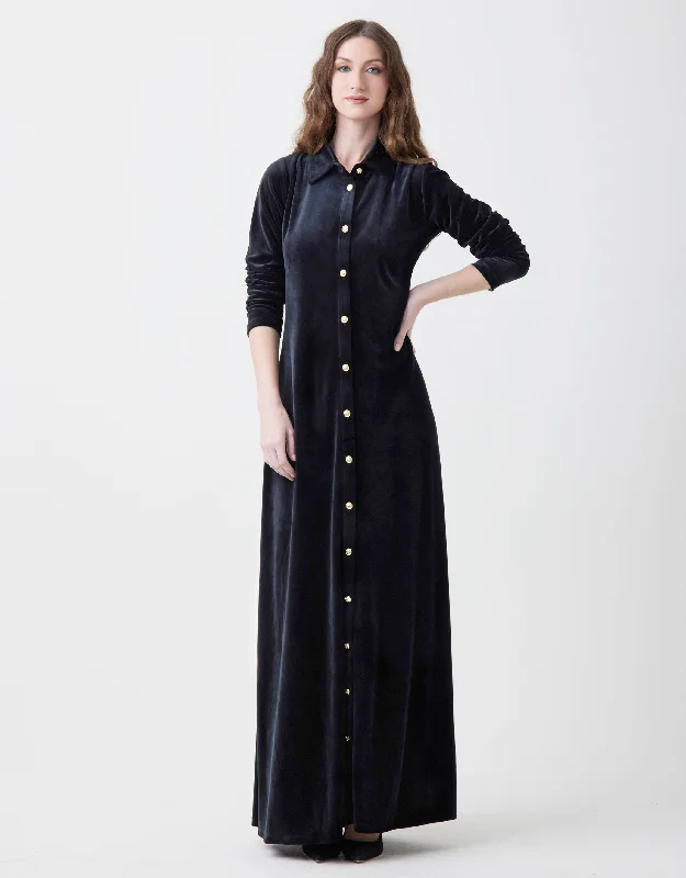 Velour Maxi Dress Shabbos Robe with Collar and Gold Buttons