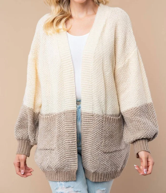 Lounge cardiganDraped In Comfort Color Blocked Sweater Cardigan In Cream/mocha