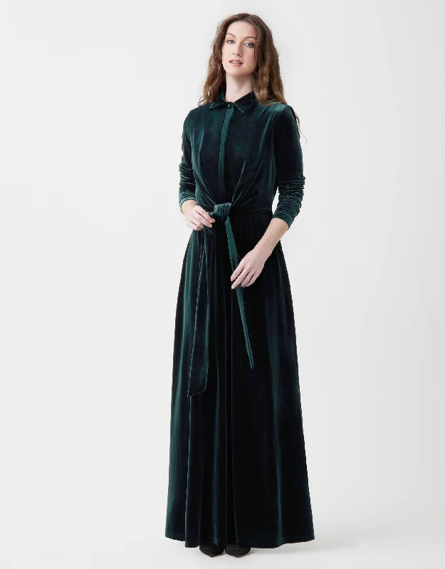 Tie Front Velvet Maxi Dress Shabbos Robe with Collar and Hidden Buttons Forest