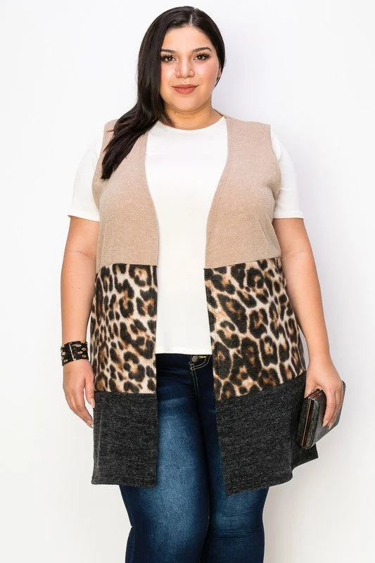 Formal cardiganLeopard and Solid Open Sweater Vest Sleeveless Cardigan