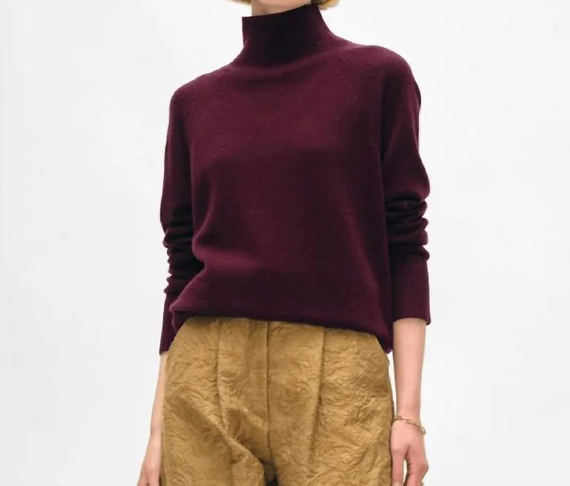 Cashmere Rib Trim Standneck In SangriaV-Neck Knit Tops