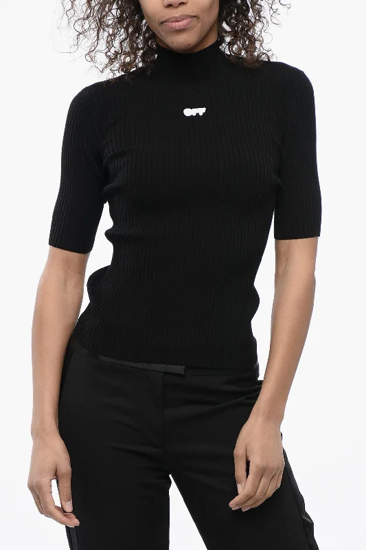 Off-White Ribbed Knit Top With Logoed PatchRuffled Knit Tops