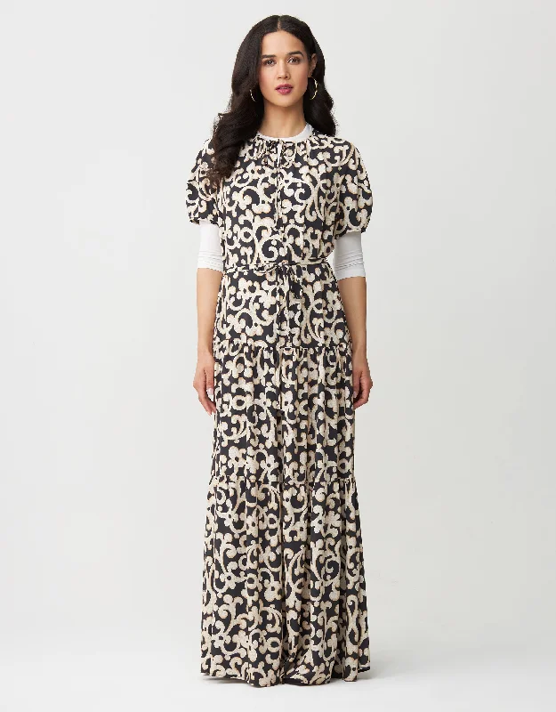 Tiered Print Tie Neck Maxi Dress Shabbos Robe