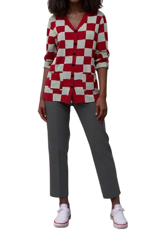 Ribbed cardiganCheck Me Out Cardigan In Burgundy And Grey Checkered