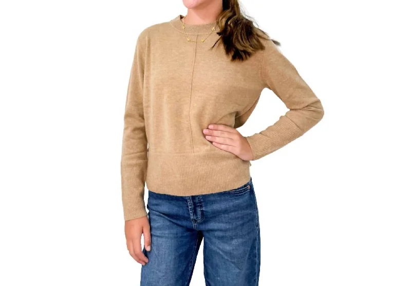 Exposed Seam Crew Neck Sweater Top In CamelLounge Knit Tops