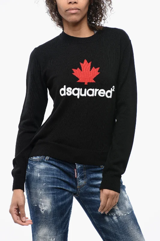 Dsquared2 Virgin Wool Crew-neck Sweater with Embossed LogoAsymmetrical Knit Tops