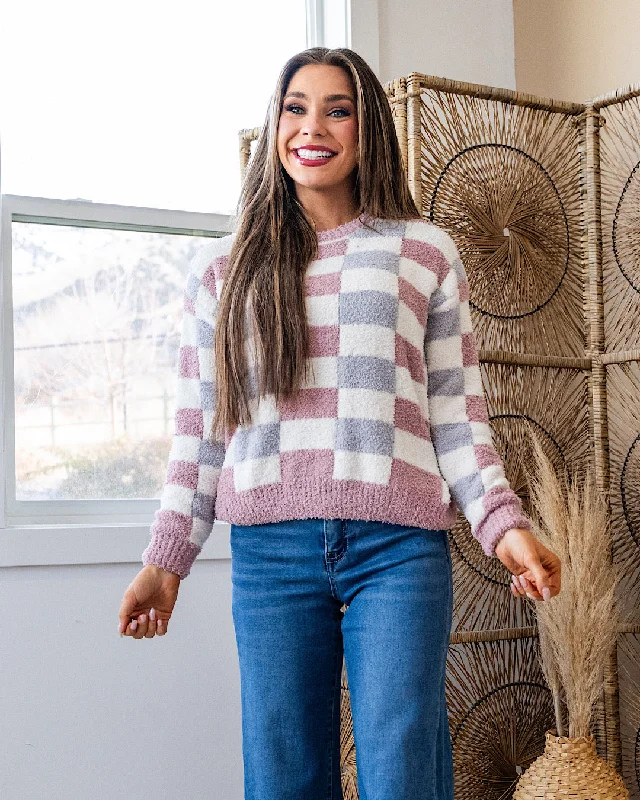 NEW! Kathryn Cozy Checkered Sweater - Gray & PinkCultural Knit Tops