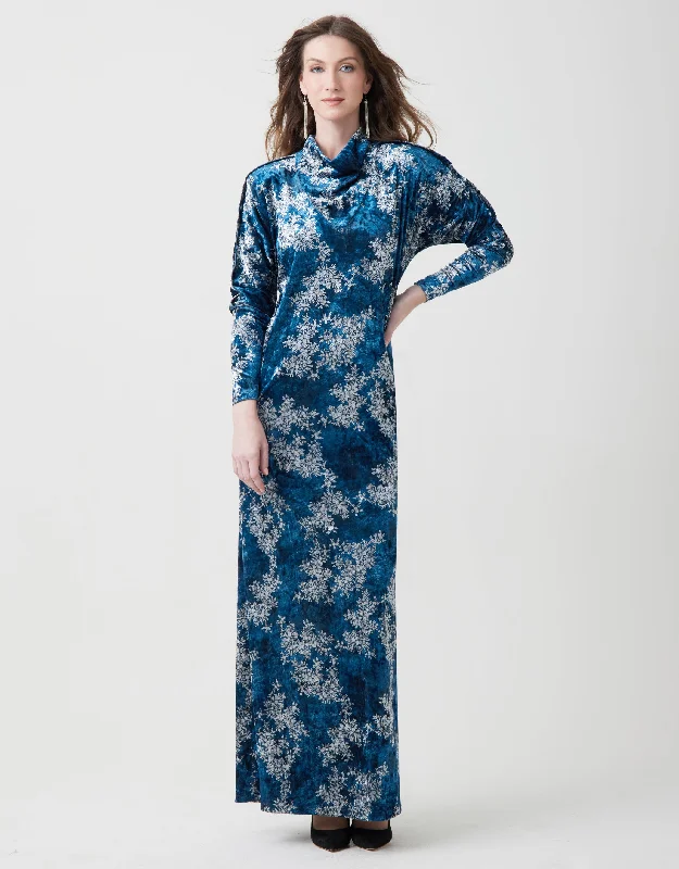 Print Crushed Velvet Funnel Neck Maxi Dress Shabbos Robe Teal