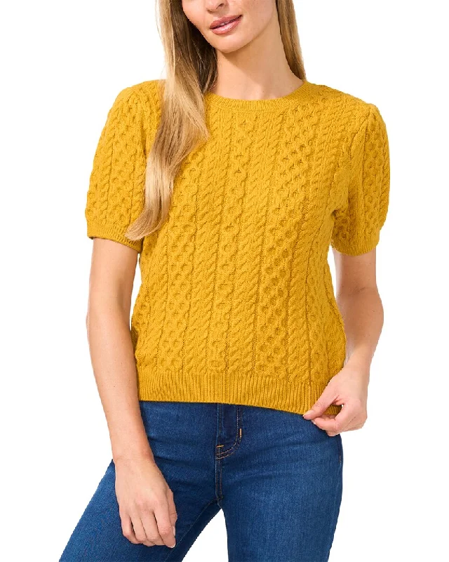 CeCe Puff Sleeve Mixed Cable Knit SweaterFitted Knit Tops